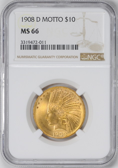 アメリカ 10ドル金貨インディアンヘッド1908-Dモットー $10NGC MS66