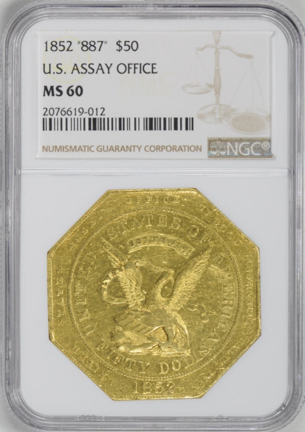 アンティークコイン　アメリカ　50ドル金貨1852USアッセイオフィス　887ハンバート $50 MS60NGC