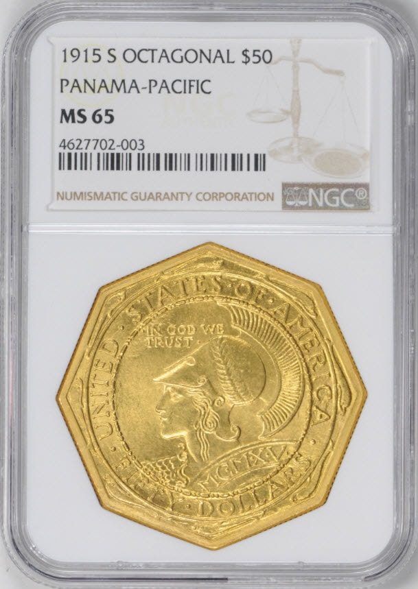 アメリカアンティークコイン50ドル　パナマパシフィック金貨1915-S　Octa　$50 NGC　MS65-4627702-003