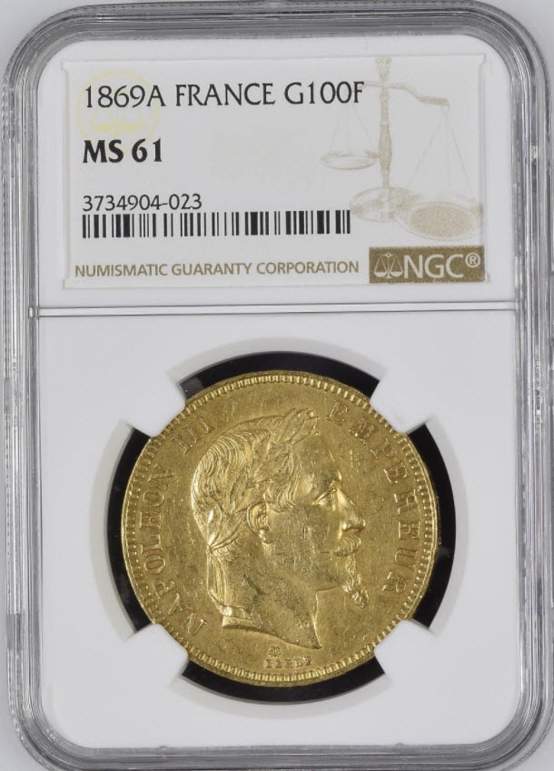 アンティークコイン フランス金貨 エンペラー ナポレオン III　Napoleon III gold 100 Francs 1869-A MS61　NGC