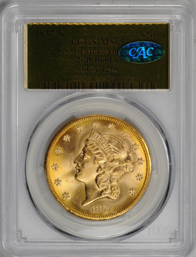 【セントラル アメリカ号】アンティークコイン アメリカ 20ドル金貨リバティヘッド1857-S MS65 PCGS