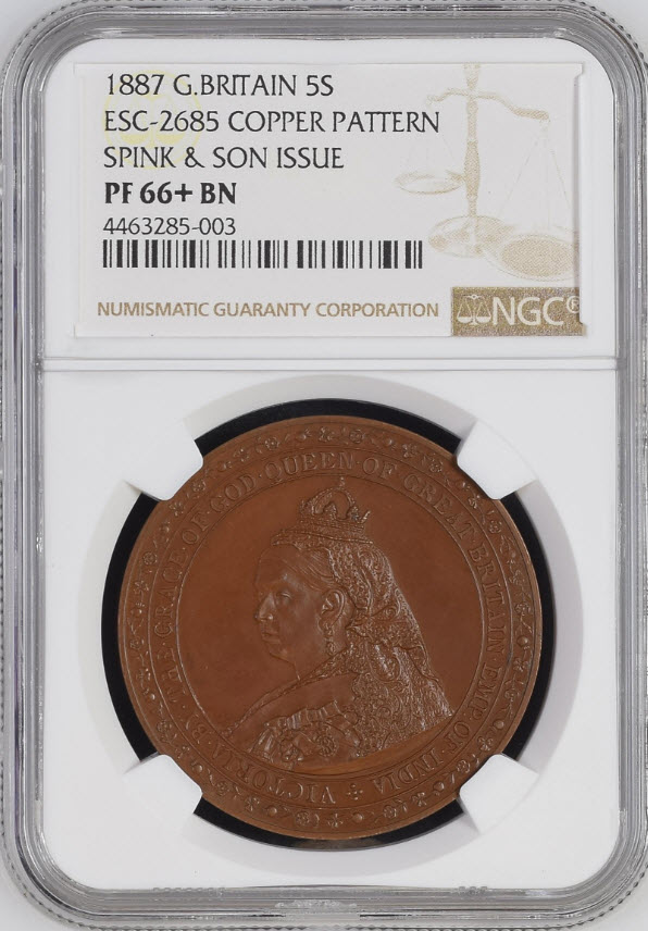 グレートブリテン　ヴィクトリア　5シリング　試鋳貨銅貨1887 NGC PF66+BN