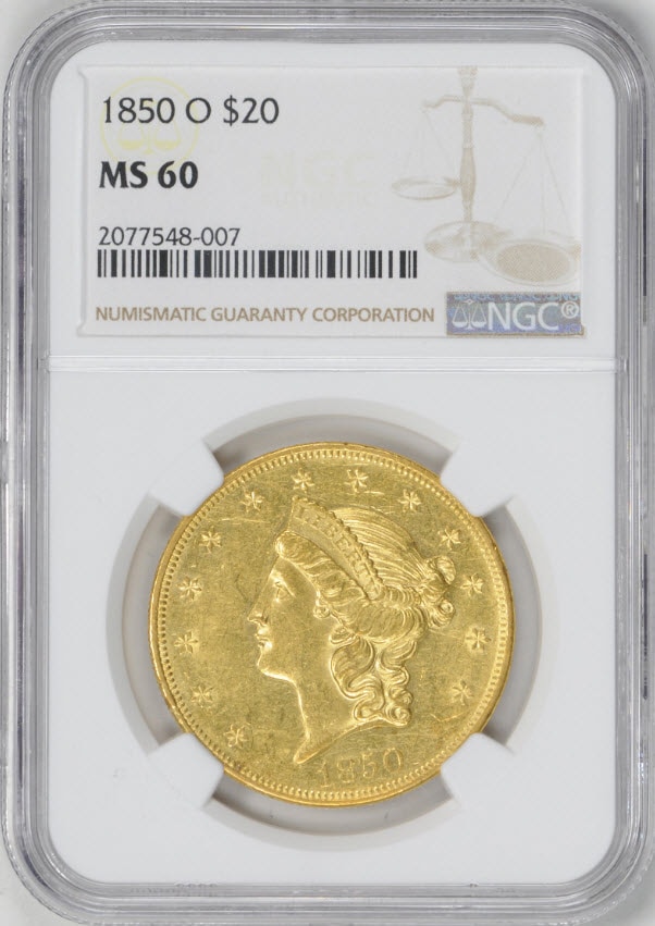 アンティークコイン アメリカ 20ドルプルーフ金貨リバティヘッド1850-O $20 Liberty Head Double Eagle MS60 NGC