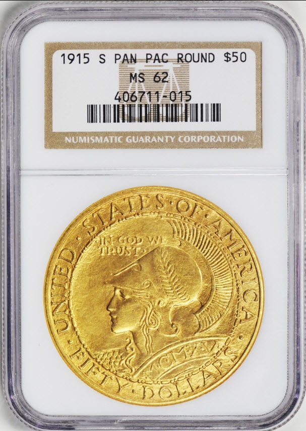 アメリカアンティークコイン50ドル　パナマパシフィック金貨1915-S　ROUND　$50 NGC　MS62