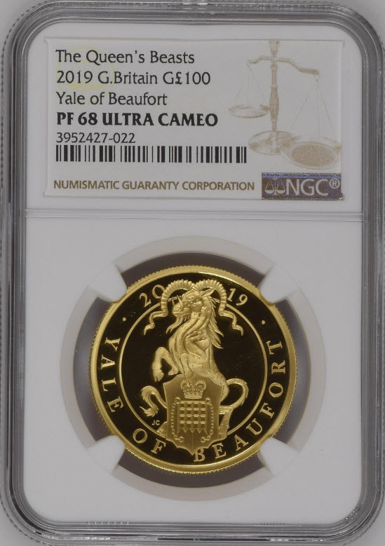 グレートブリテン　クイーンズビースト 2019年ボーフォート家の神話エール100ポンド金貨NGC PF68UCAM