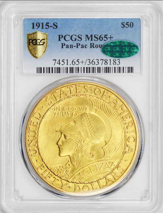 アメリカアンティークコイン50ドル　パナマパシフィック金貨1915-S　Round　$50 PCGS　MS65+