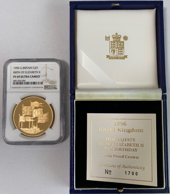 【動画あり】グレートブリテン1996年エリザベスII世生誕70周年5ポンドプルーフ金貨NGC-PF69UCAM箱付き