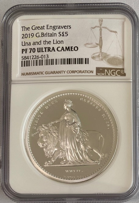 グレートブリテン2019年ウナとライオンプルーフ2オンス5ポンド銀貨NGC社PF70UCAMオリジナル箱付き3