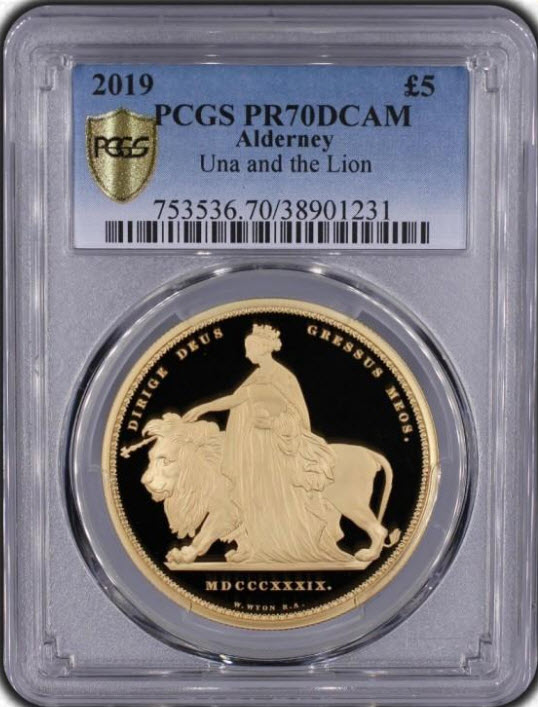 イギリスの王室属領オルダニー島エリザベス II 2019年5ポンドプルーフ金貨ウナとライオンPCGS PR70 DCAM