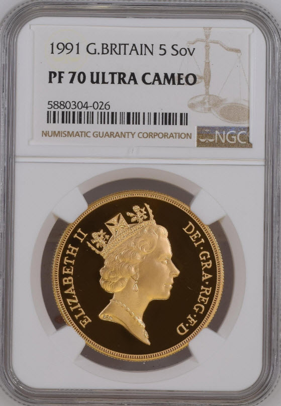【動画あり】グレートブリテン1991年エリザベスII世5ポンドプルーフ金貨NGC-PF70UCAM