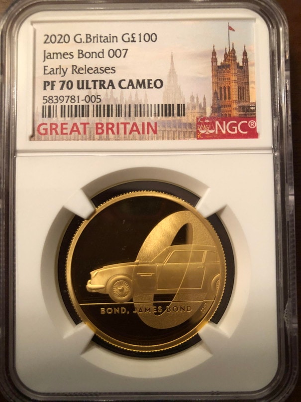 【動画あり】グレートブリテン2020年エリザベスII世100ポンドプルーフ金貨ジェームズボンド007NGC-PF70UCAMアーリーリリース箱付き