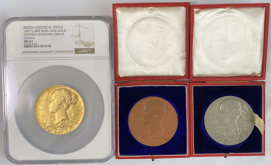 【動画あり】グレートブリテン1897年ゴールドNGC-MS61、シルバー、ブロンズメダル3点セット-ヴィクトリア女王ダイアモンドジュビリー