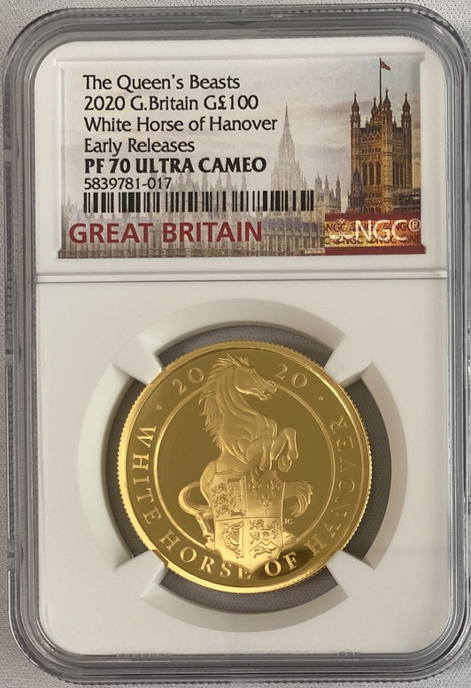 グレートブリテン　クイーンズビースト2020年ホワイトホース100ポンド金貨NGC PF70UCAMアーリーリリース
