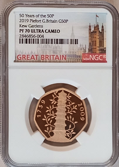 グレートブリテン2019年50周年キューガーデンエリザベス2世ゴールド50ペンスNGC-PF70UCAM