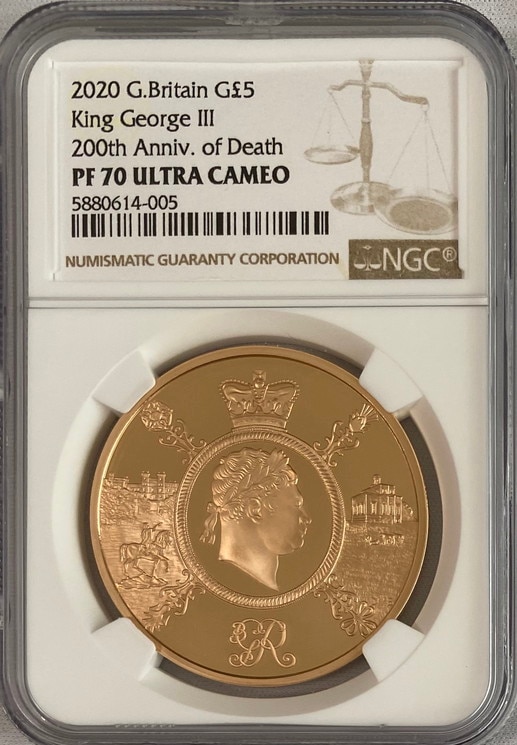グレートブリテン2020年ジョージ3世1オンス5ポンドプルーフ金貨NGC-PF70UCAM