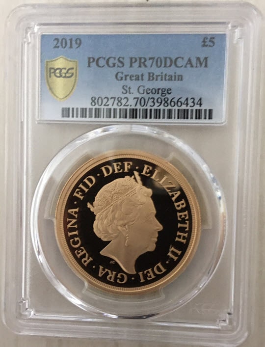 グレートブリテン2019年エリザベスII世5ポンドプルーフ金貨PCGS-PR70DCAM