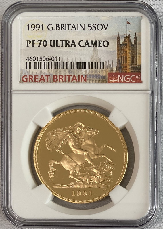 【動画あり】グレートブリテン1991年エリザベスII世5ポンドプルーフ金貨NGC-PF70UCAM