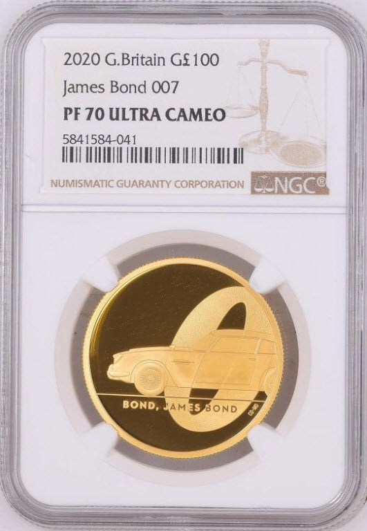 グレートブリテン2020年エリザベスII世1オンス100ポンドプルーフ純金金貨ジェームズボンド007NGC社-PF70UCAM