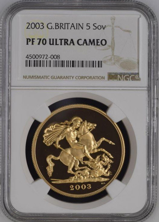 グレートブリテン2003年エリザベスII世5ポンドプルーフ金貨NGC-PF70UCAM