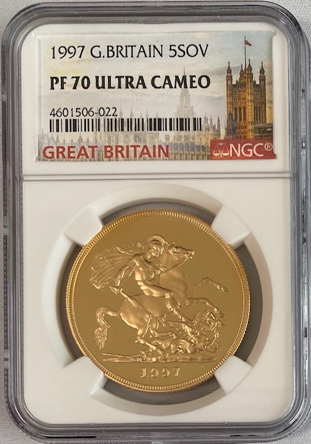 グレートブリテン1997年エリザベスII世5ポンドプルーフ金貨NGC-PF70UCAM