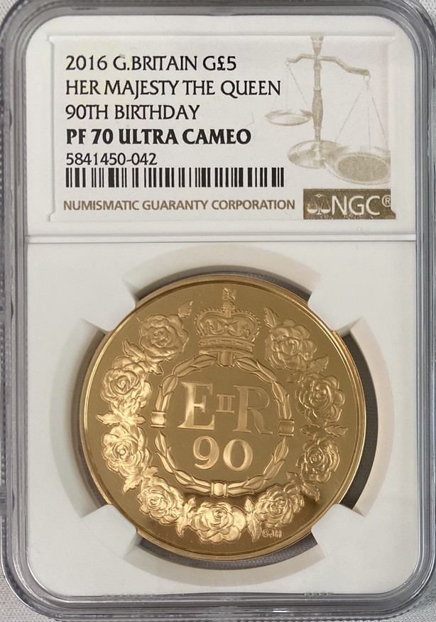 【動画あり】グレートブリテン2016年エリザベスII世生誕90周年5ポンドプルーフ金貨NGC-PF70UCAM-5841789-028