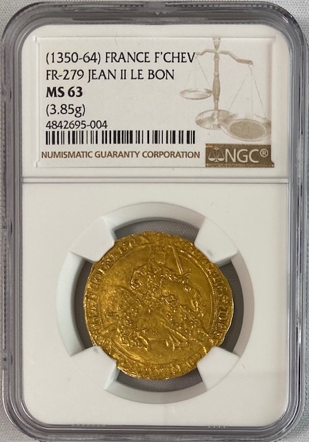 アンティークコイン　フランス-フランシュヴァル金貨(1350-64） ジャンII世-NGC-MS-63