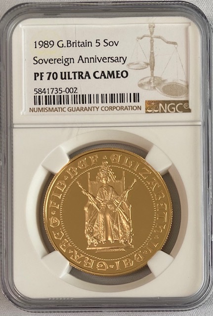 【動画あり】1989年グレートブリテン エリザベス2世 500周年記念 5ポンド金貨 NGC-PF70UCAM