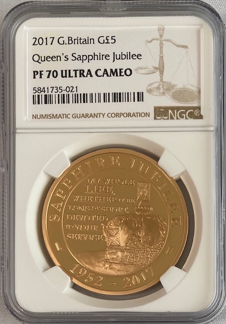 【動画あり】グレートブリテン2017年エリザベスII世60周年記念サファイアジュビリー5ポンド金貨NGC-PF70UCAMEO