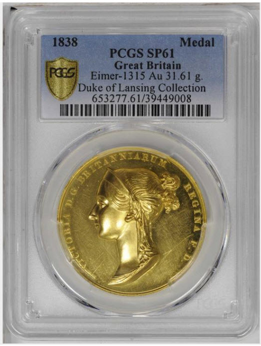 グレートブリテン1838年ヴィクトリア戴冠式ゴールドメダルPCGS-SP61