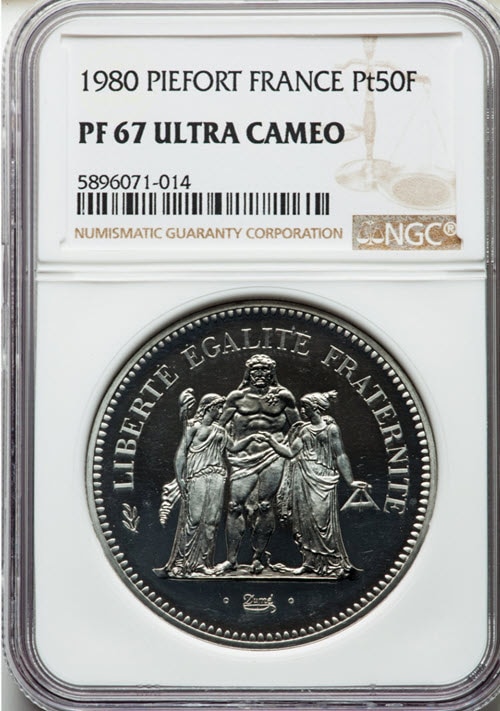 【動画あり】フランス試鋳貨プラチナ貨 リパブリックプルーフプラチナ貨50フラン 1980 PF67 UCAM NGC