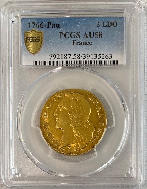 フランス 1766年ルイ15世2ルイドール金貨1766-Pau-PCGS-AU58