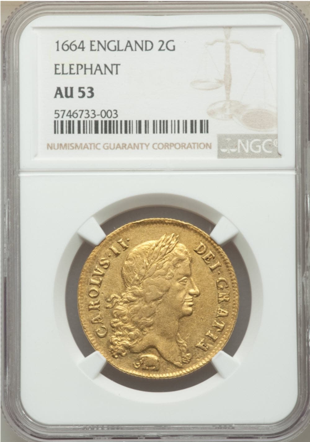 グレートブリテン1664年2ギニー金貨チャールズ2世 エレファント AU53 NGC