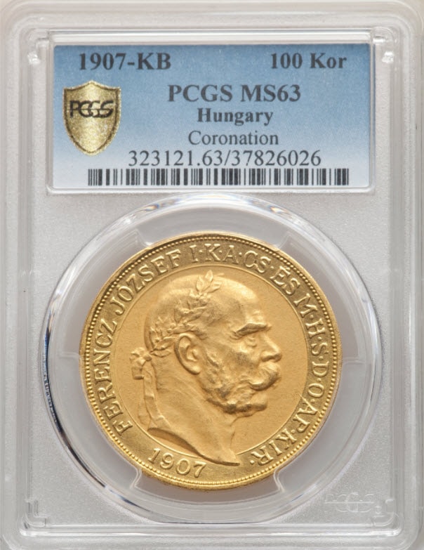 アンティークコイン　ハンガリー 1907年　皇帝戴冠式記念100コロナ金貨　MS63　PCGS