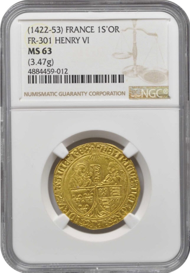 フランス-アングロガリック-フランス＆イングランドヘンリー6世（1422-53）ゴールドサルトドールNGC-MS63