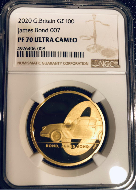 グレートブリテン2020年エリザベスII世100ポンドプルーフ金貨ジェームズボンド007NGC-PF70UCAM箱付き