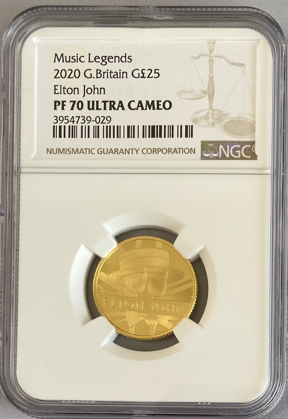 グレートブリテン2020年音楽の伝説シリーズエルトンジョン1/4オンス25ポンドプルーフ金貨NGC-PF70UCAMオリジナル箱付き