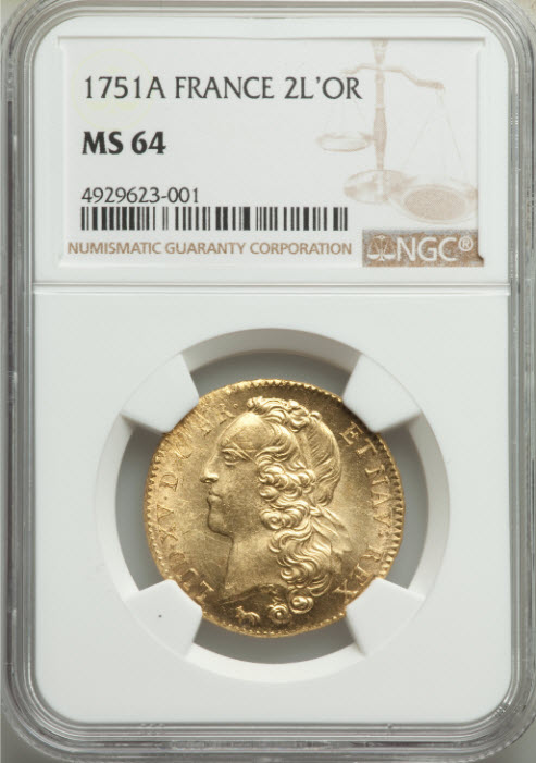 フランス 1751-A年ルイ15世2ルイドール金貨NGC-MS64