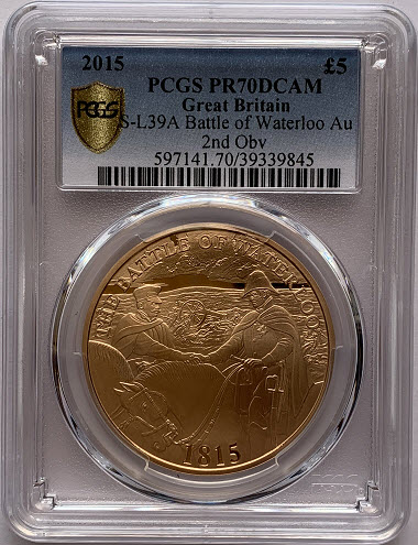グレートブリテン2015年バトル・オブ・ワーテルロー200年エリザベスII世5ポンドプルーフ金貨PCGS-PR70DCAM箱付き