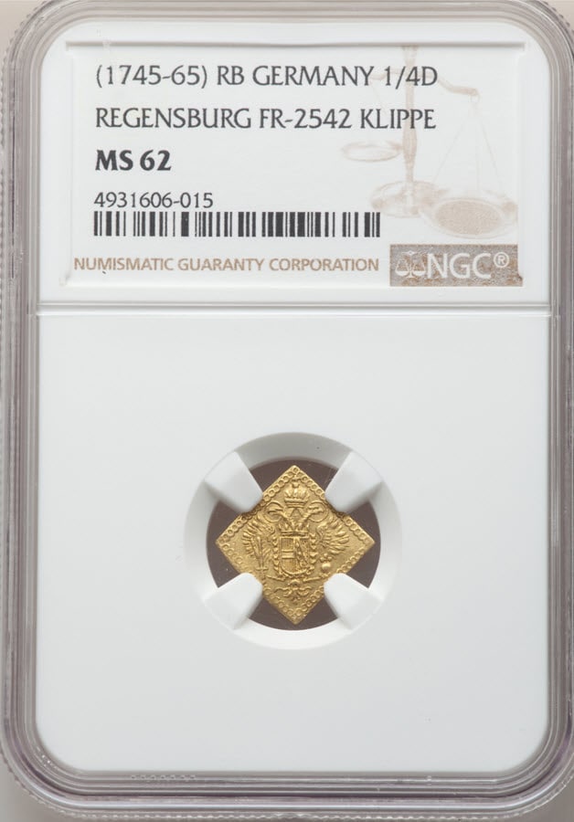 ドイツ レーゲンスブルク ゴールド・クリッペ 1/4 ダカットND (1745-1765) MS62 NGC