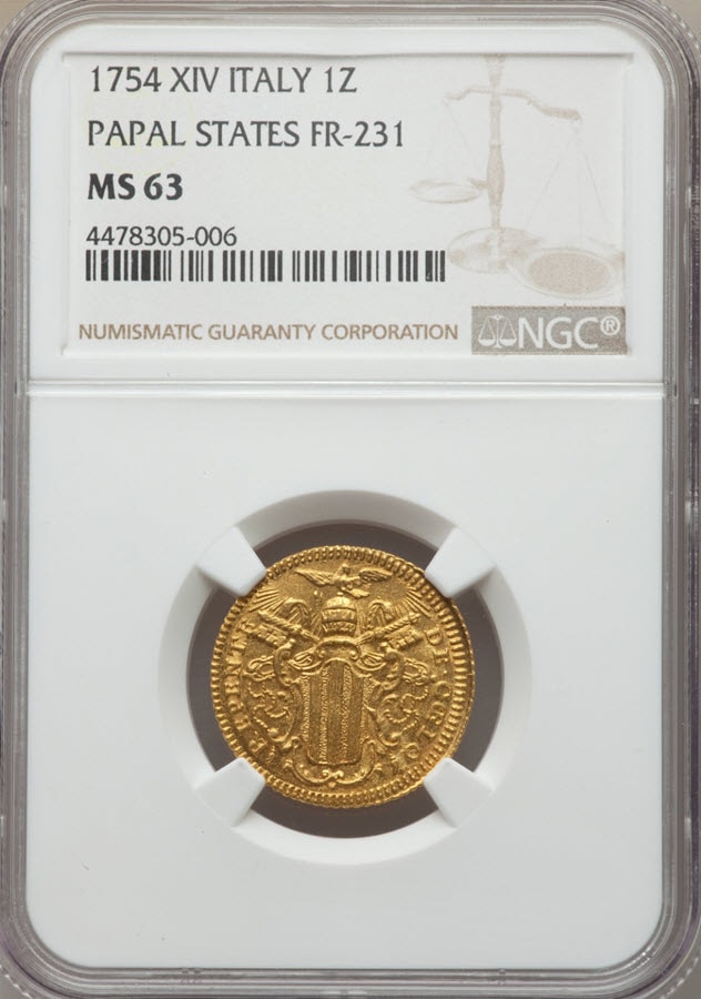 イタリア ベネディクトゥス14世 ゴールド ゼッキーノ (1754) MS63 NGC