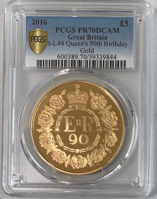 【動画あり】グレートブリテン2016年エリザベスII世生誕90周年5ポンドプルーフ金貨PCGS-PR70DCAM箱付き