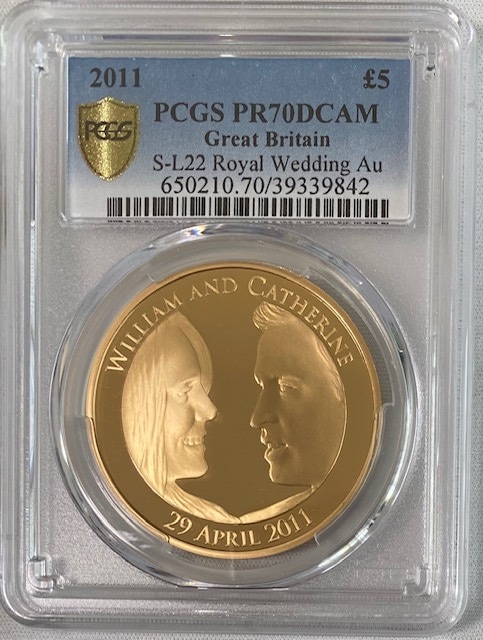 グレートブリテン2011年エリザベスII世ロイヤルウェディング5ポンドプルーフ金貨PCGS-PR70DCAM箱付き