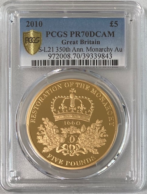 【動画あり】グレートブリテン2010年王政復古350周年記念1オンス5ポンドプルーフ金貨PCGS-PR70DCAM箱付き