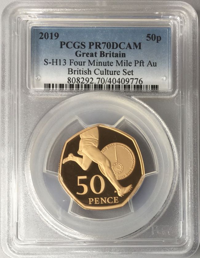 【動画あり】グレートブリテン 2019年 ロジャー・バニスター 50ペンス ゴールドプルーフ ピエフォー PCGS-PR70 DCAM