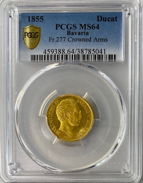 【トップグレード残存1枚】ドイツ1ダカット金貨　German States Bavaria. Maximilian II 1855-PCGS-MS64