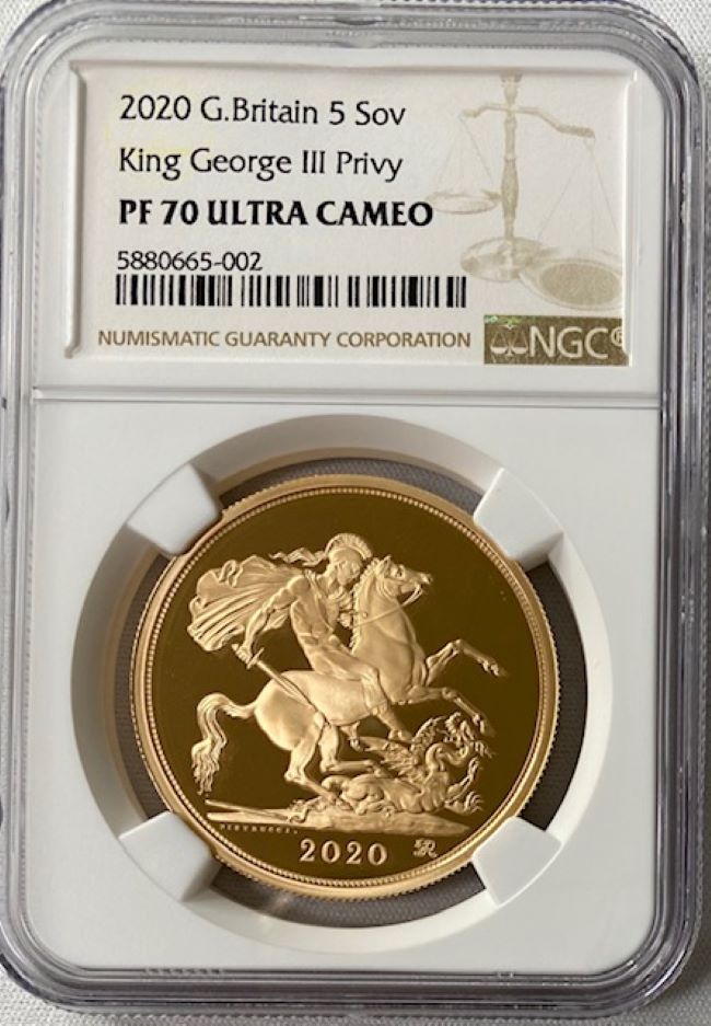 【動画あり】グレートブリテン 2020年 ジョージ三世 プリビー エリザベスII世 5ポンドプルーフ金貨 NGC-PF70 UCAM