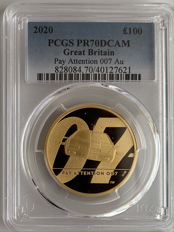 グレートブリテン 2020年 エリザベスII世 1オンス100ポンドプルーフ純金金貨 ジェームズボンド2ndペイアテンション007PCGS-PR70DCAM