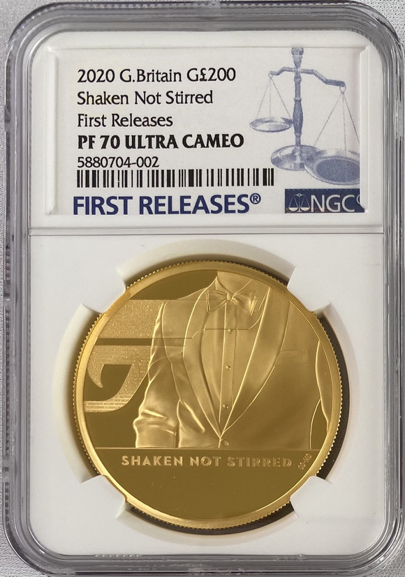 グレートブリテン2020年エリザベスII世2オンス200ポンドプルーフ純金金貨ジェームズボンド3rd-007NGC-PF70UCAMファーストリリース箱付き