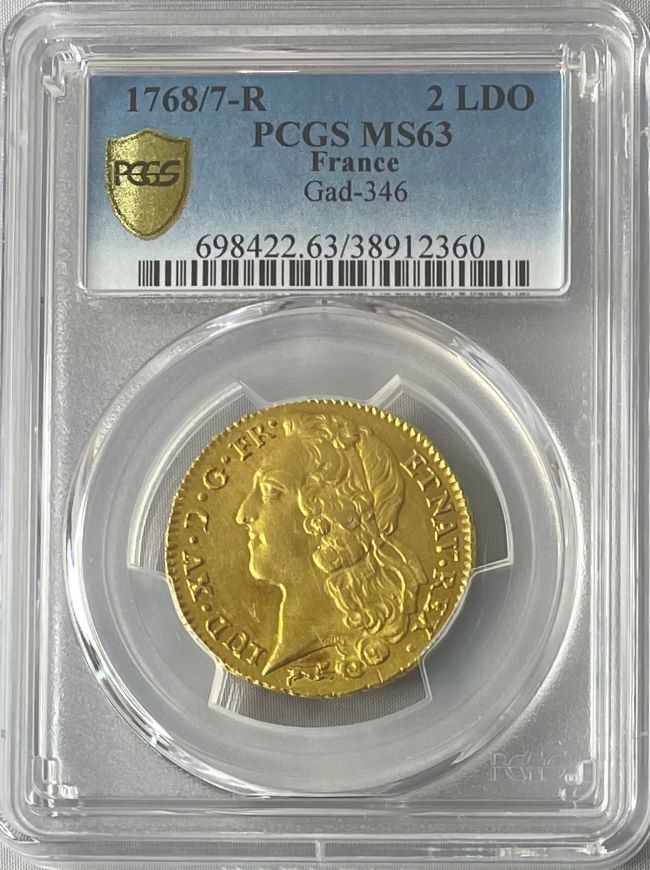 フランス 1768年 ルイ15世 2ルイドール金貨 1768/-R PCGS-MS63