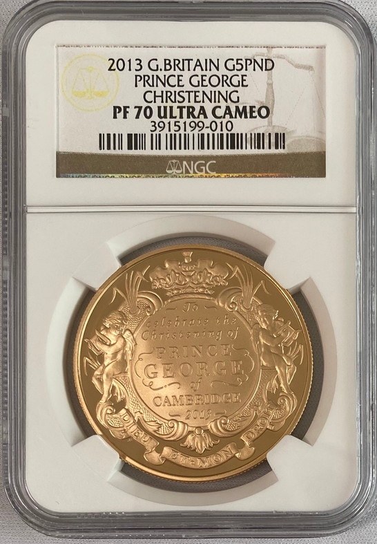 【動画あり】グレートブリテン2013年プリンスジョージ洗礼1オンス5ポンドプルーフ金貨NGC PF70UCAM5841677-010